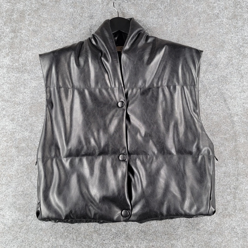 Elan Faux Leather High Collar Vest Womens L Black Snap Front Classic‎ Outdoor